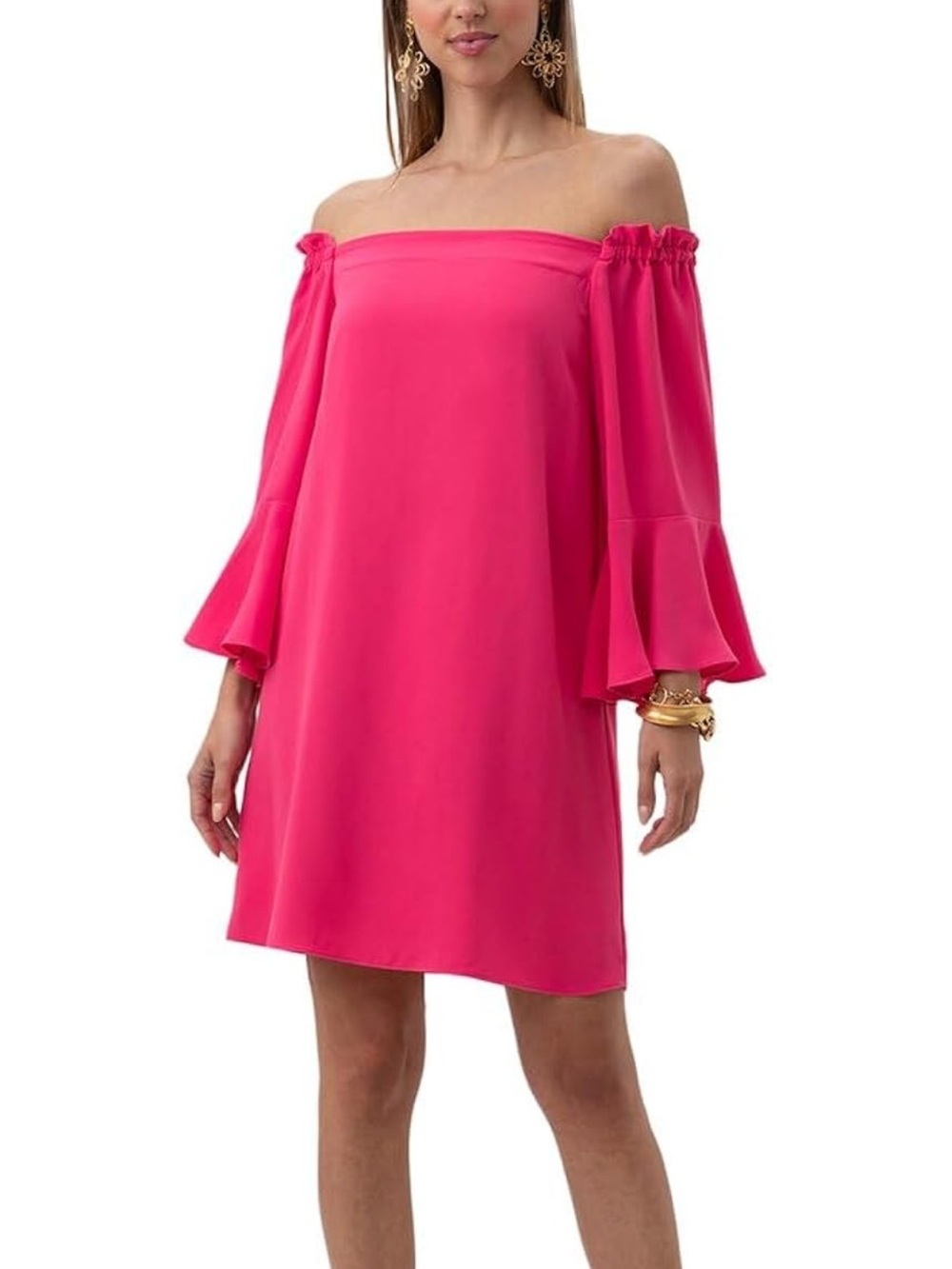 NWT Trina Turk Hot Pink Off-Shoulder Bell Sleeve Knox Mini Dress Size Medium